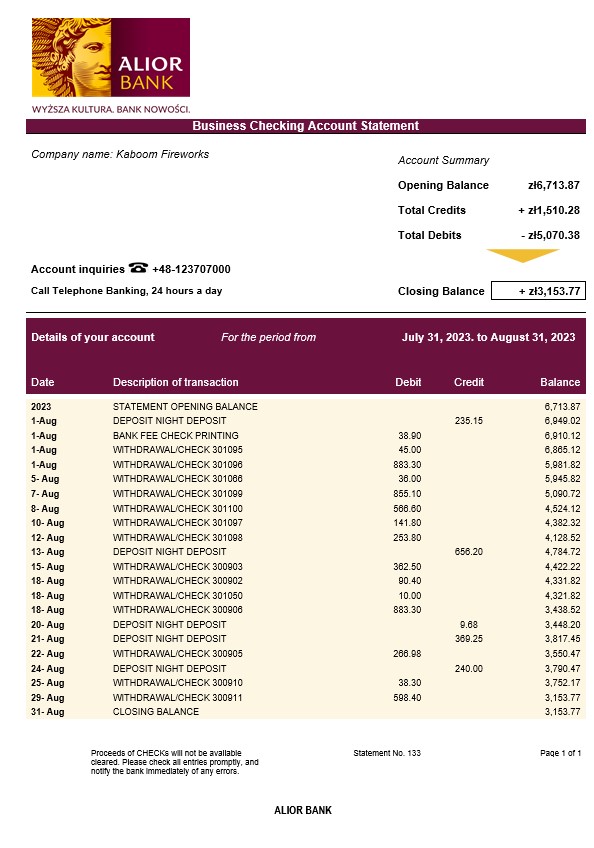 Modèle Word et PDF de relevé de compte courant de la société Alior Bank
